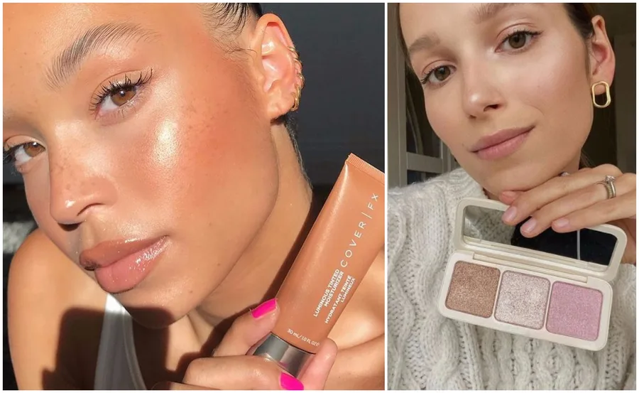 Women showcasing vegan makeup: one with Cover FX primer, another with a palette, emphasizing glowing skin.