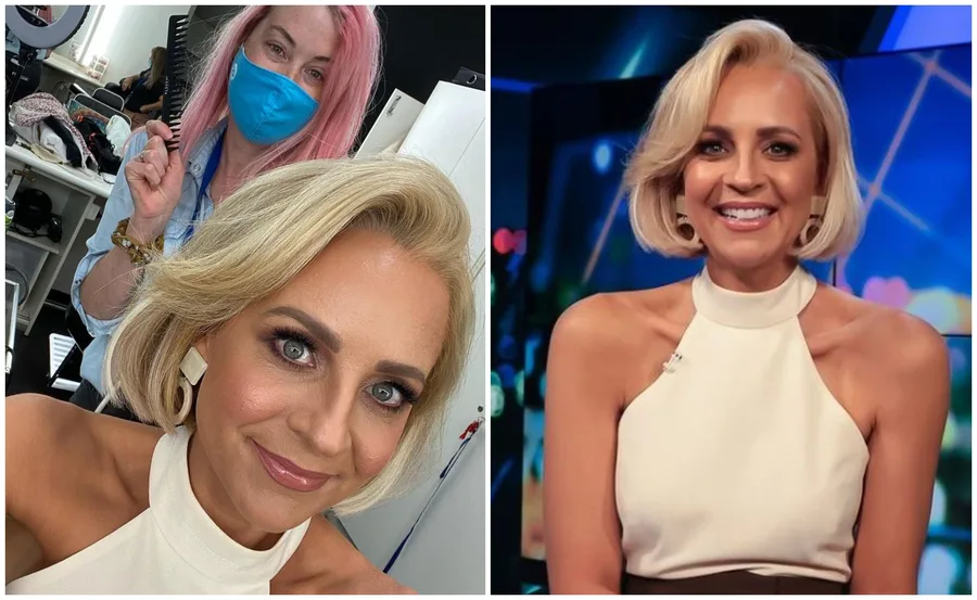 Carrie Bickmore on set, wearing a white halter top, alongside a hairstylist in a pink mask and hair.
