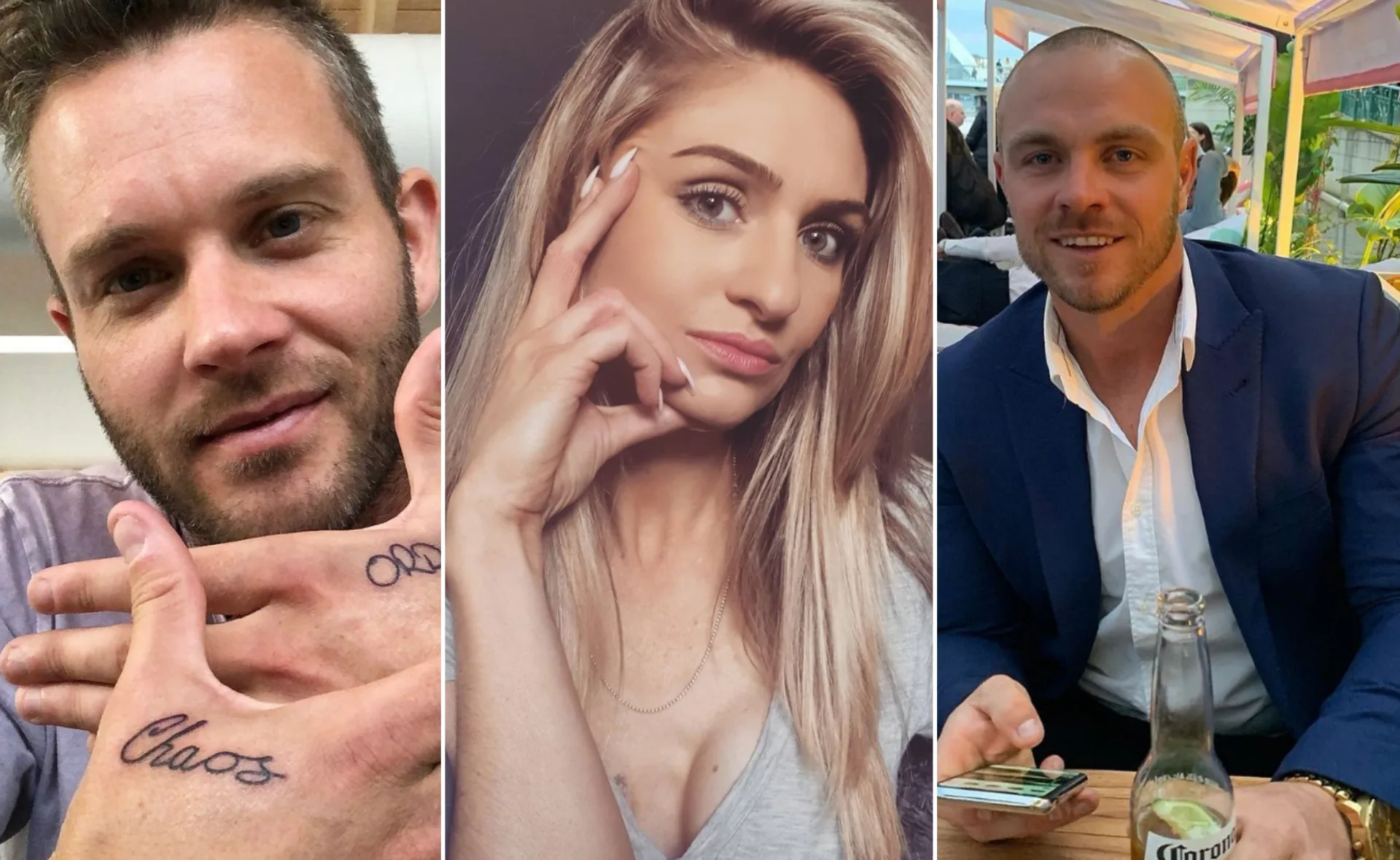 Three individuals: a man with "Chaos" tattoo, a woman posing with one hand near face, and a man in suit holding a phone.