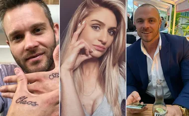 Three individuals: a man with "Chaos" tattoo, a woman posing with one hand near face, and a man in suit holding a phone.