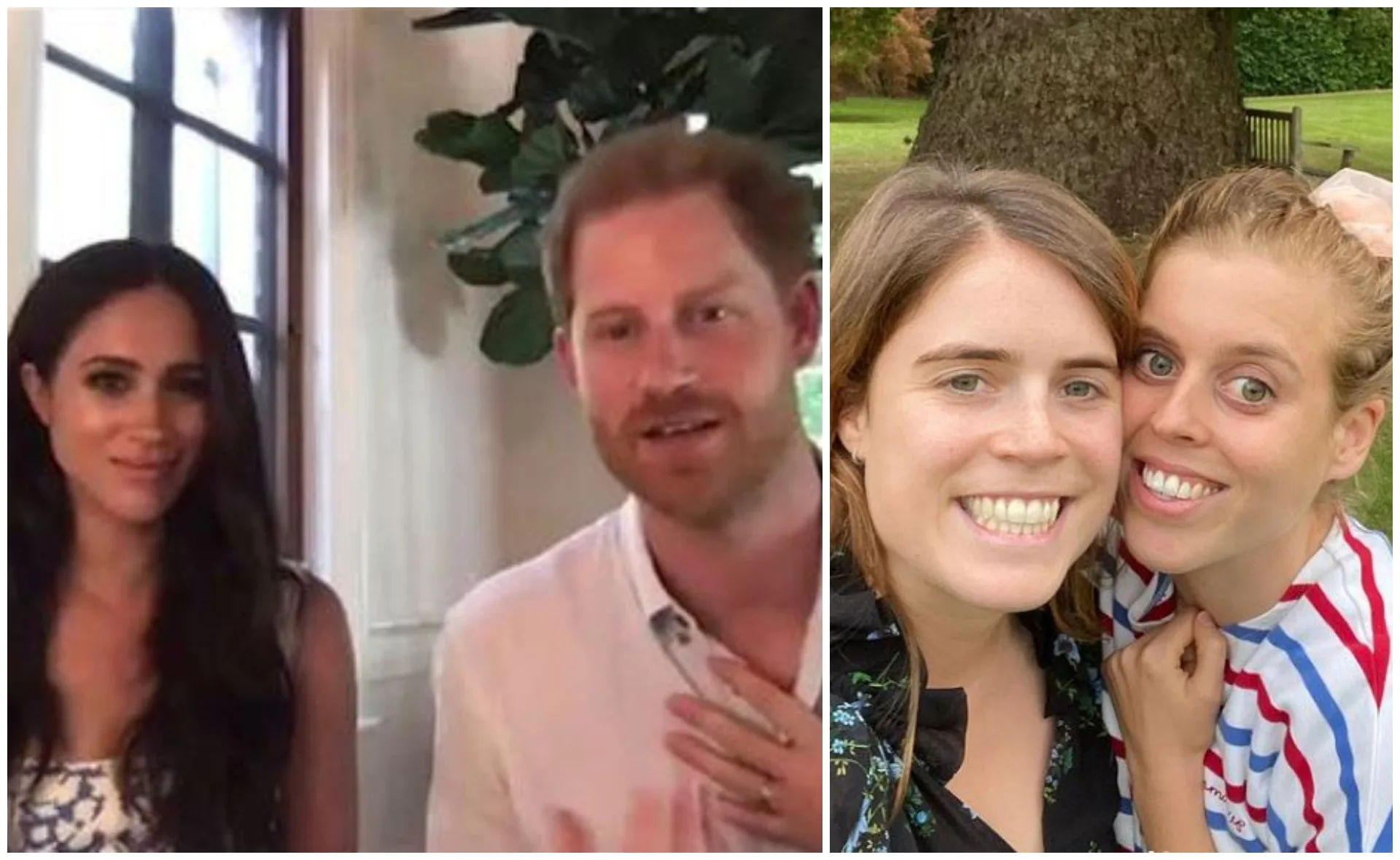 Two images: one of a couple seated indoors, one of two women outdoors smiling for a selfie.