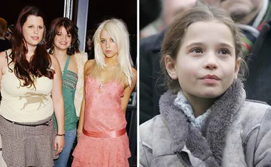 Three women posing together on the left, and a young girl looking upwards on the right.