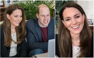 Couple in a video call, smiling at a laptop, with plants and photo in the background.