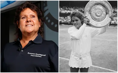 Evonne Goolagong Cawley smiling in a polo shirt; next to her, a black and white photo holding a trophy.