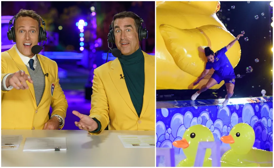 "Two commentators in yellow blazers speaking with a contestant navigating obstacles on 'Holey Moley' set."