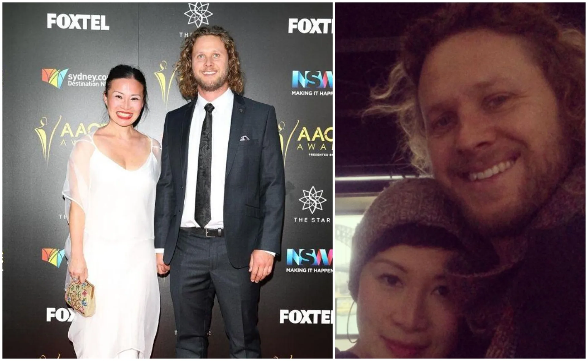 A couple poses at an awards event, the woman in a white dress and the man in a suit, alongside a casual selfie.