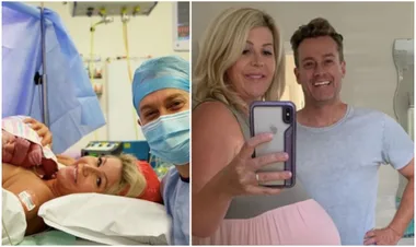 Couple with newborn in hospital on left; woman showing baby bump with man in mirror selfie on right.