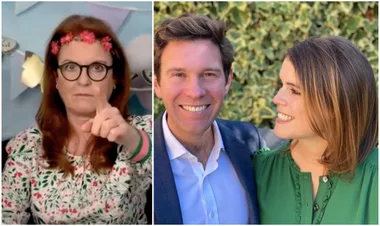 Two-part photo: woman with glasses and flower headband pointing; couple smiling outdoors.