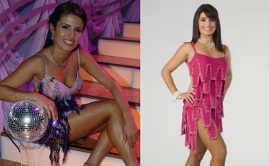 Ada Nicodemou in glamorous pink and silver dresses on "Dancing with the Stars" set with a disco ball.