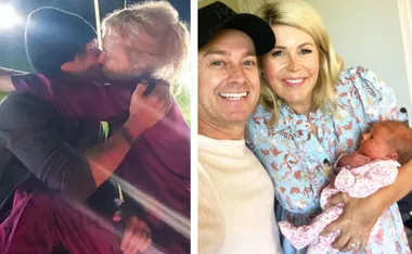 A couple kissing in one photo; a family with a baby in another, celebrating a loving moment.
