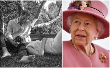 Black and white photo of a couple laughing in a garden and a color photo of an elderly woman in a pink hat.