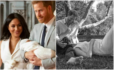 Royal couple with their newborn; woman in white dress, man in grey suit inside, and relaxing under trees outside.