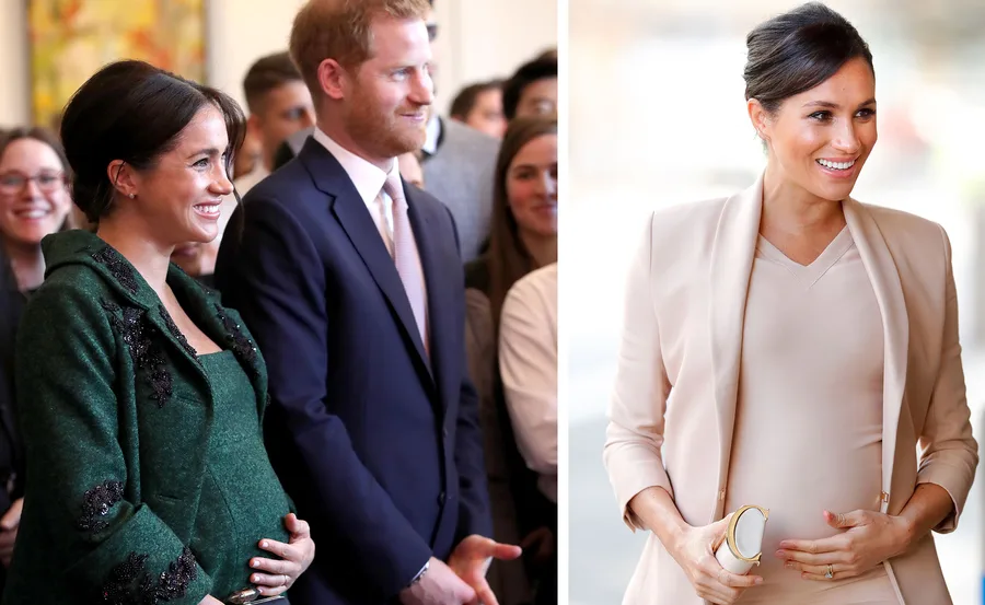 Pregnant woman smiling in green coat with man; second image, same woman in blush outfit holding her bump.