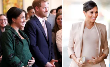Pregnant woman smiling in green coat with man; second image, same woman in blush outfit holding her bump.