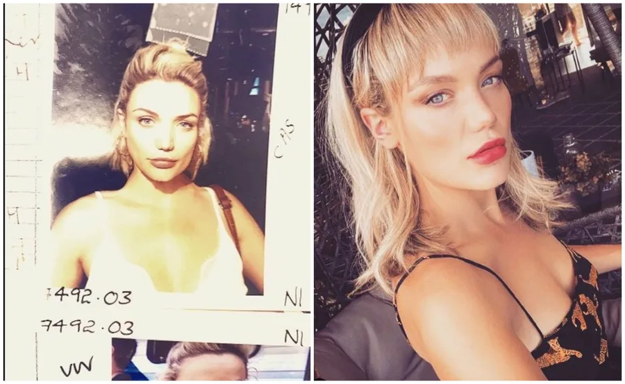 "Side-by-side images of a woman with blonde hair; one in soft lighting, the other in a patterned top with red lipstick."