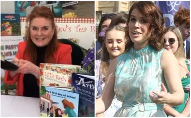 A woman in red holding books at a table and another woman in a teal dress smiling outdoors with a crowd.
