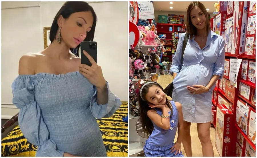 Pregnant woman in blue dresses; one with mirror selfie, another with a child in a toy store.