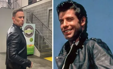 Two men in black leather jackets; left in a modern setting, right is a classic image from "Grease."