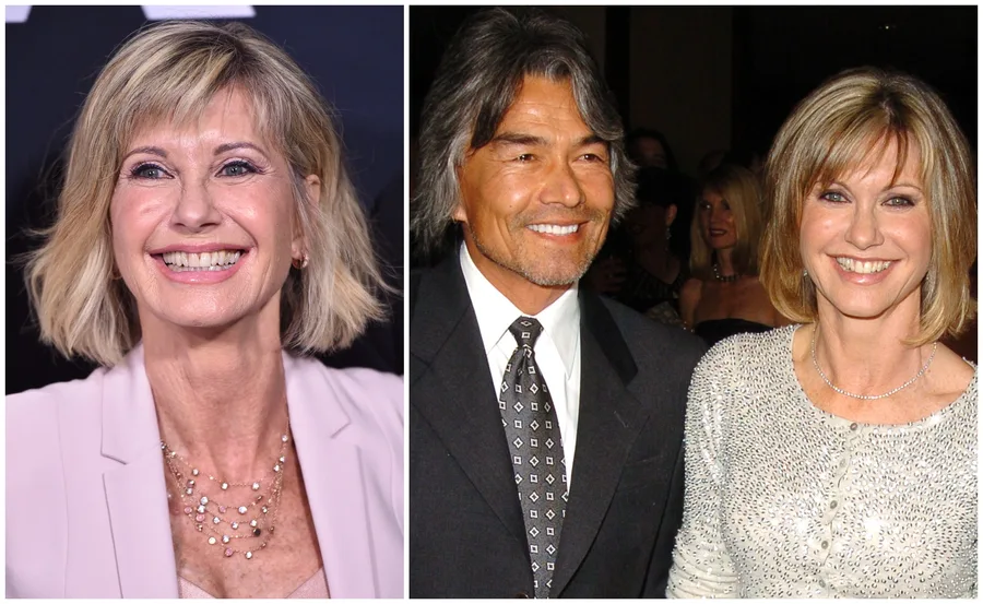 Olivia Newton-John smiling, left; Olivia with Patrick McDermott at an event, right.
