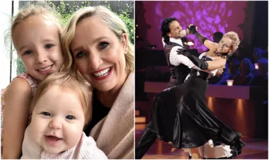 A woman with two children smiles; she dances with a partner on a "Dancing with the Stars" stage.