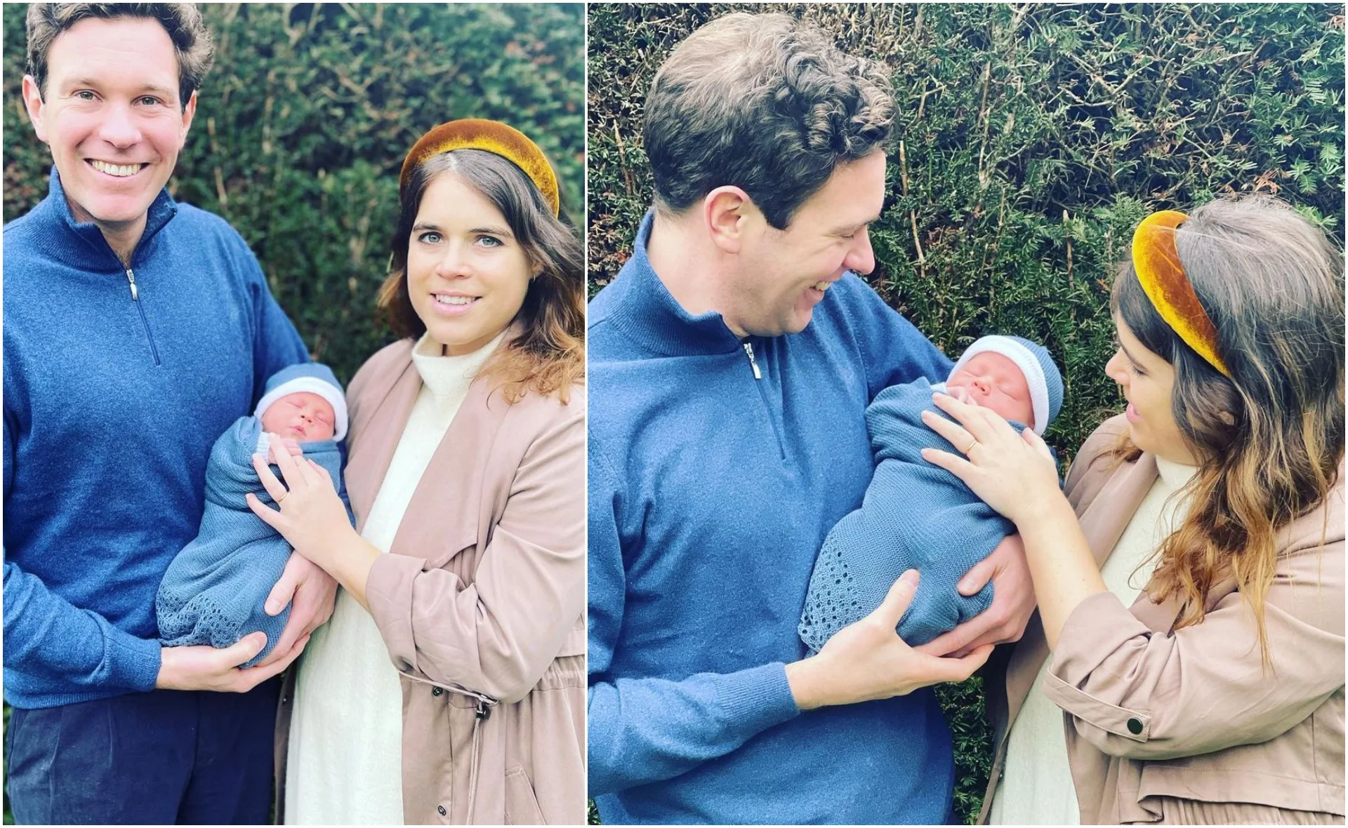 A couple smiling while holding their newborn wrapped in a blue blanket, standing outdoors with greenery in the background.
