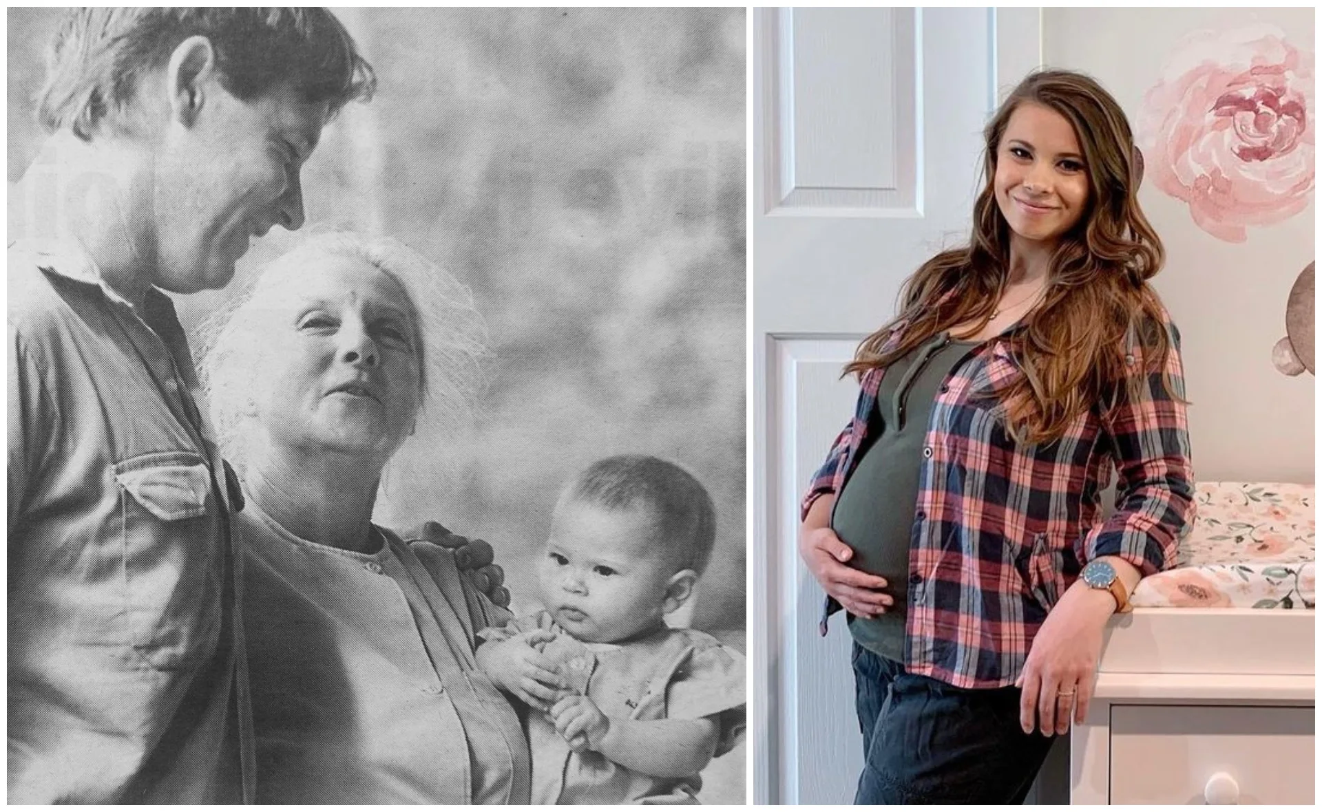 "Two photos: Left, a man with an older woman and baby; Right, a pregnant woman smiling, touching her belly."
