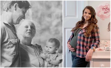 "Two photos: Left, a man with an older woman and baby; Right, a pregnant woman smiling, touching her belly."