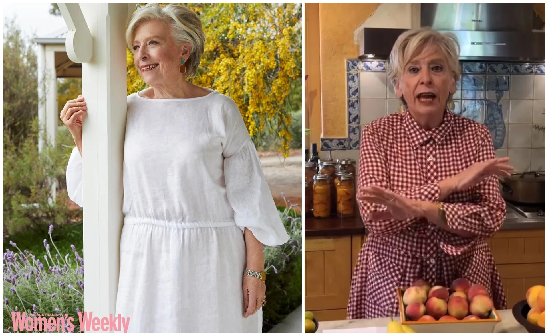 Elderly woman outdoors in white dress, smiling; indoors in gingham dress, gesturing by jars and fruit.