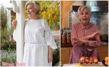 Elderly woman outdoors in white dress, smiling; indoors in gingham dress, gesturing by jars and fruit.