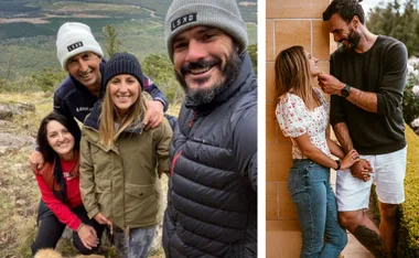 Group outdoors and couple affectionately holding hands against a wall.