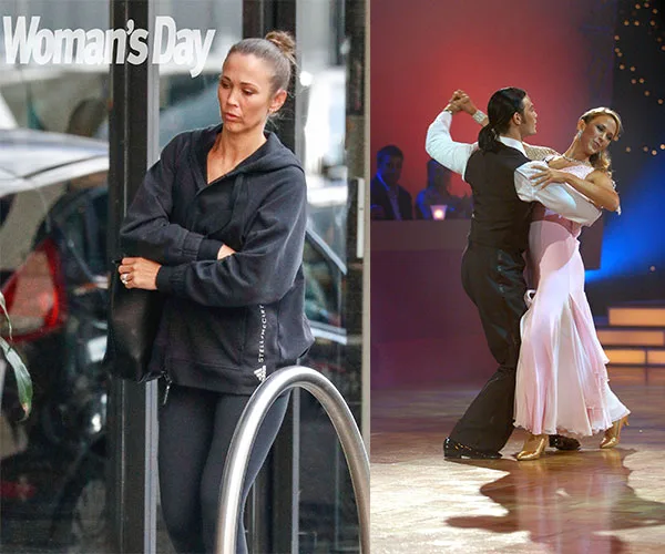 Bec Hewitt enters a building in casual attire; on the right, she dances elegantly with a partner on "Dancing with the Stars."