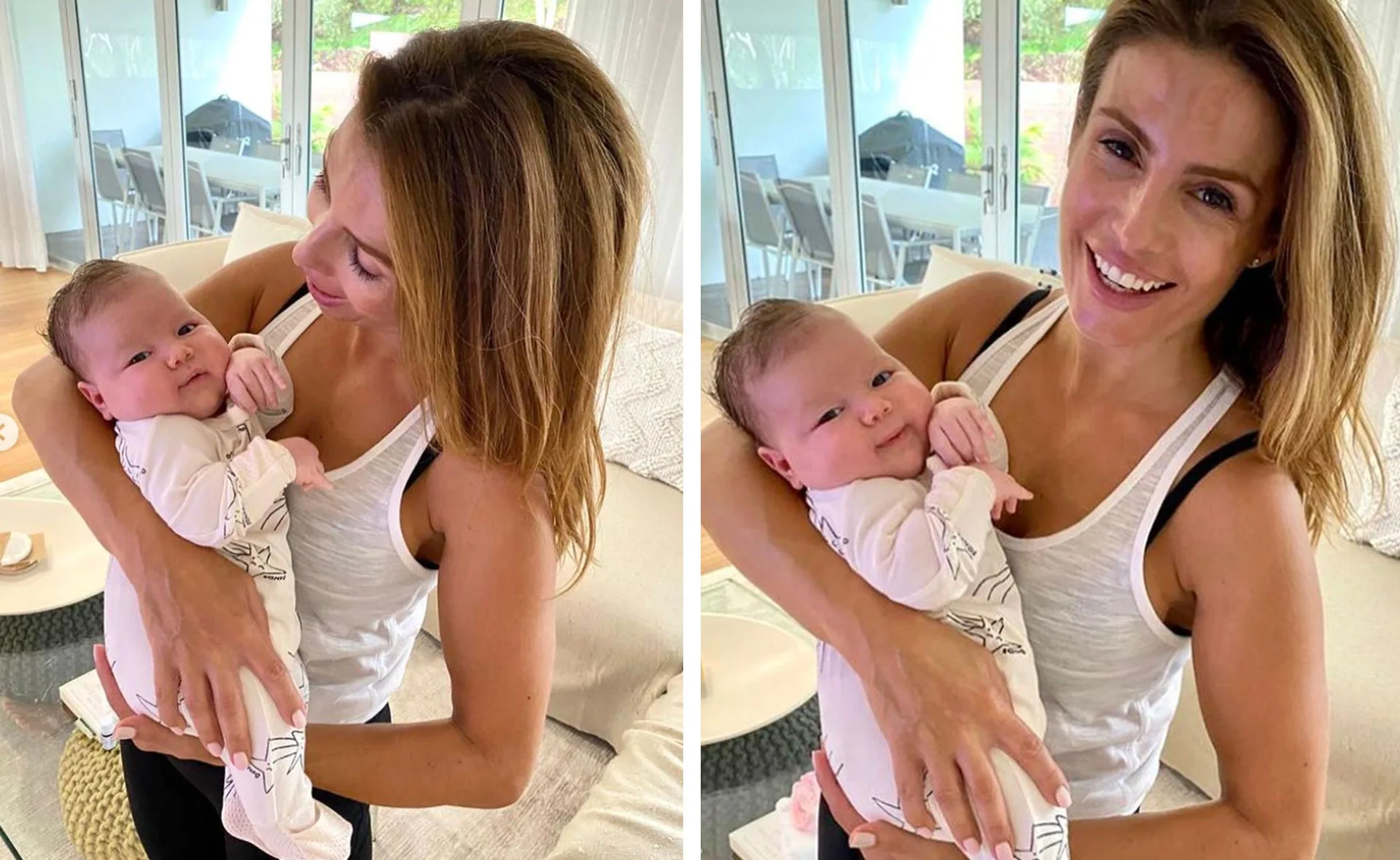 Woman in white tank top holding a smiling baby indoors, both appear happy and relaxed.