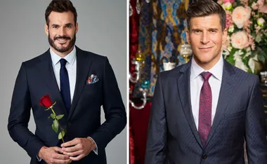 Two men in formal suits; one holding a red rose, both smiling, posed against different floral and patterned backgrounds.