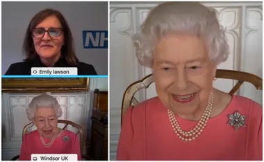 A virtual call featuring Emily Lawson and a smiling elderly woman in pink with a pearl necklace and brooch.