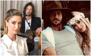 A woman in a white outfit and man with a guitar, next image shows man in hat and woman with flower crown.