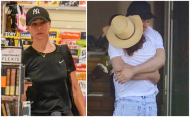 Person in a cap and black shirt in a store; two people hugging, one wearing a straw hat.
