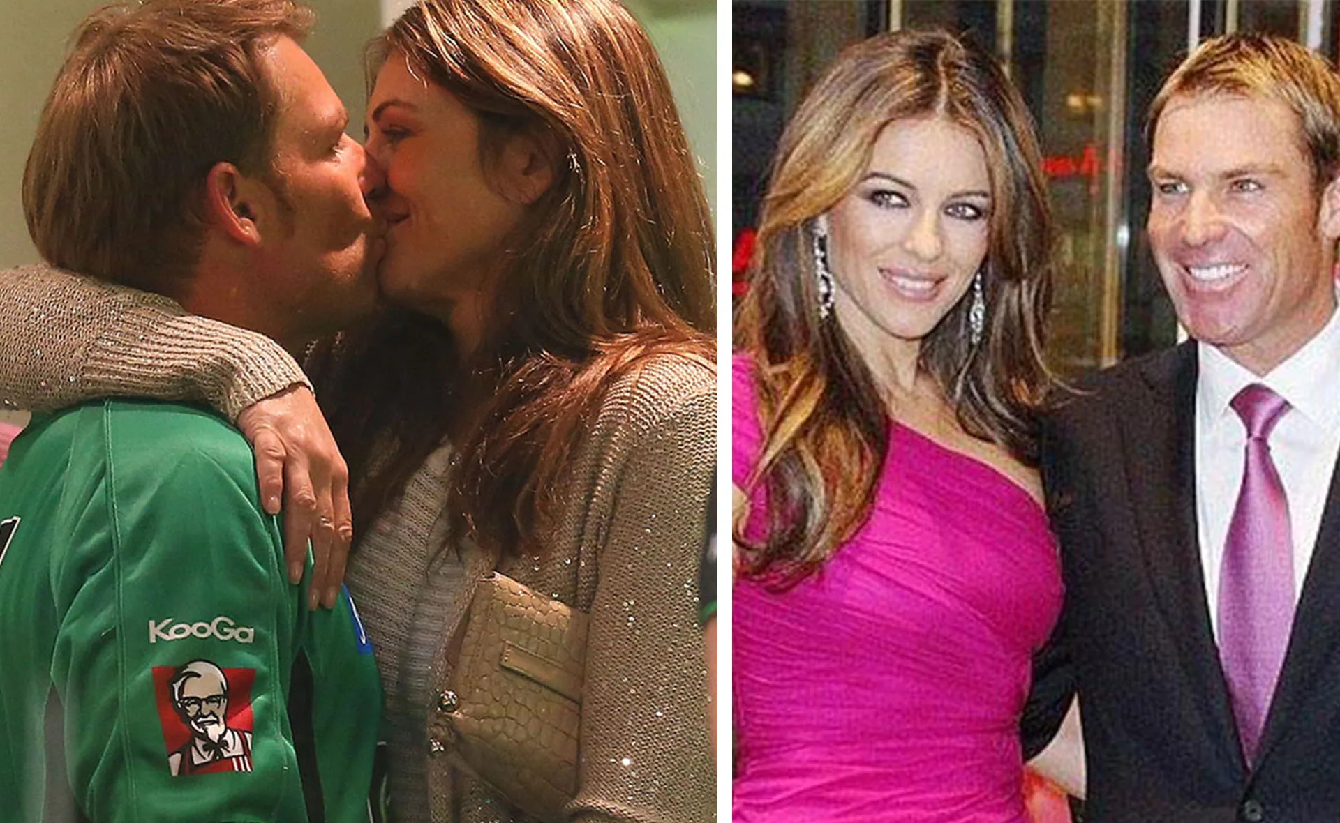 A couple shares a kiss on the left; they smile side-by-side at an event on the right, each dressed formally.
