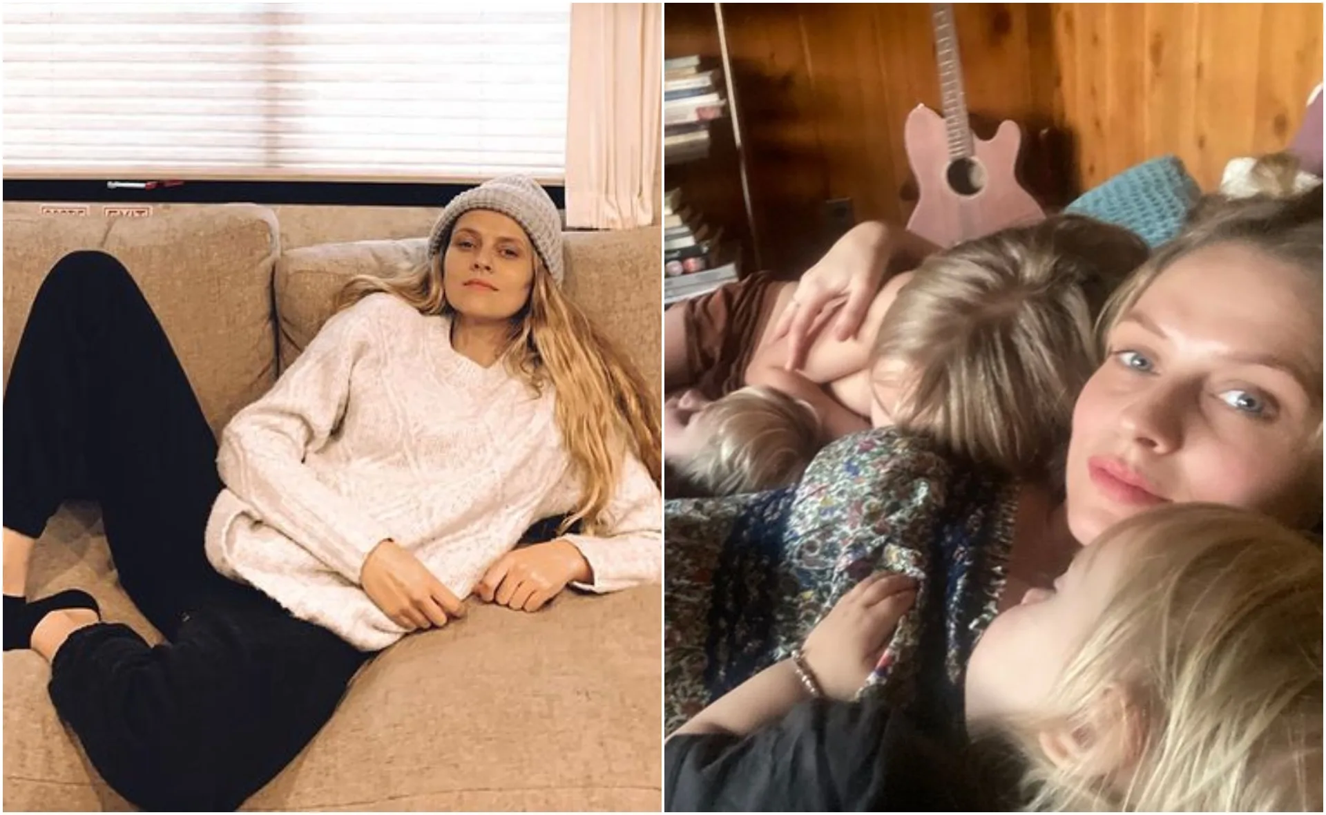 Pregnant woman relaxing on a couch and cuddling with children, showcasing a cozy and loving family moment.