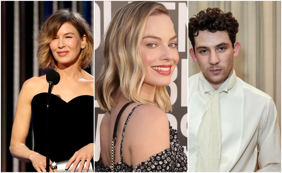 Alt text: "Three celebrities at the 2021 Golden Globes in elegant attire."