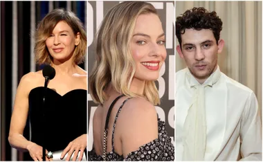Alt text: "Three celebrities at the 2021 Golden Globes in elegant attire."