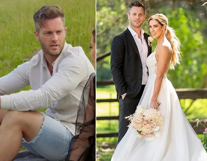 Man in casual outfit sitting on grass, next to couple in wedding attire outdoors with a floral bouquet.