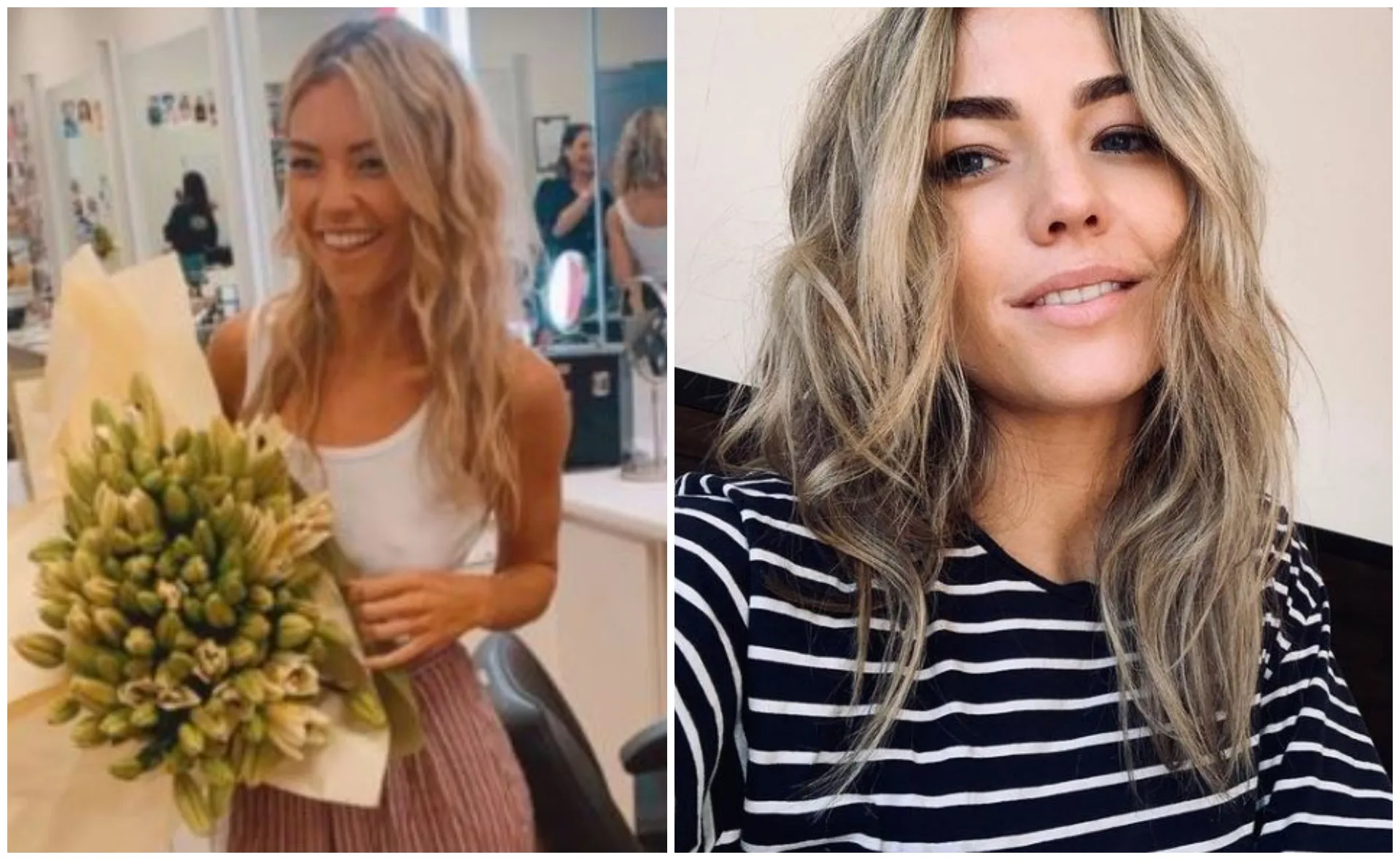 A woman with long blonde hair holding a bouquet, and a close-up of her smiling in a striped shirt.
