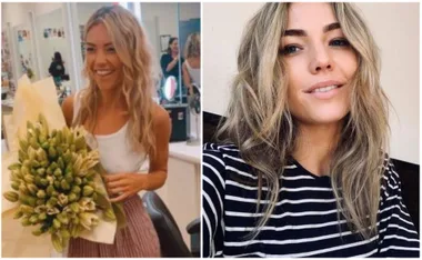 A woman with long blonde hair holding a bouquet, and a close-up of her smiling in a striped shirt.