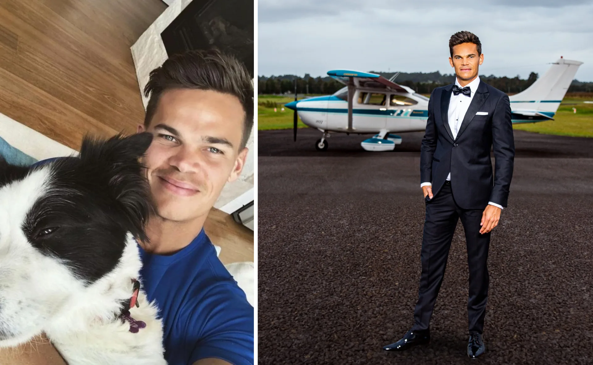 Selfie with a man holding a dog on the left; man in a suit stands by a small plane on the right.