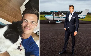 Selfie with a man holding a dog on the left; man in a suit stands by a small plane on the right.