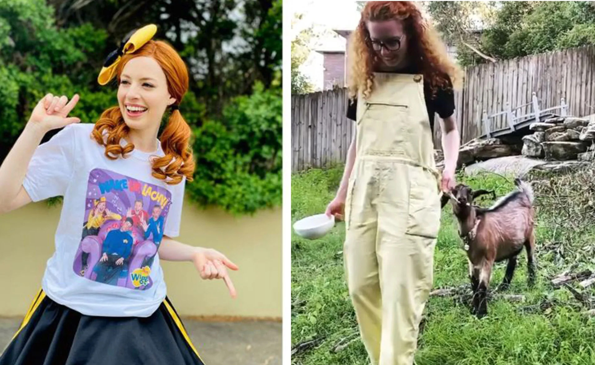 A woman in a Wiggles-themed shirt smiles and gestures; another woman in yellow overalls walks with a goat in a yard.