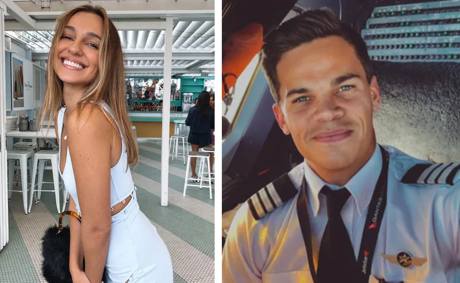 Woman in a white outfit smiling at a cafe, and a man in a pilot's uniform in a cockpit.