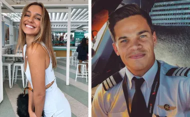 Woman in a white outfit smiling at a cafe, and a man in a pilot's uniform in a cockpit.