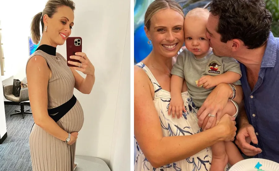 Pregnant woman taking a selfie; family of three smiling, holding a baby.
