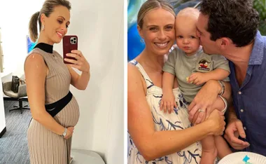 Pregnant woman taking a selfie; family of three smiling, holding a baby.